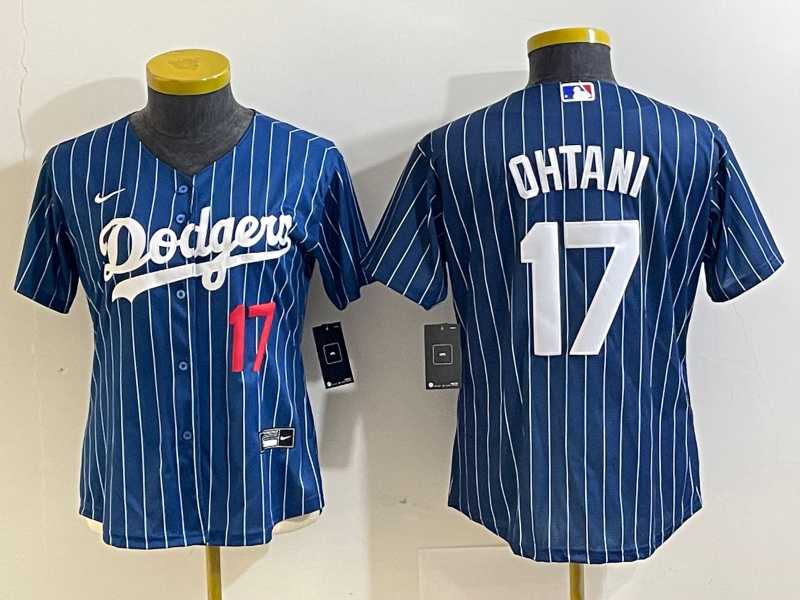Women%27s Los Angeles Dodgers #17 Shohei Ohtani Number Red Navy Blue Pinstripe Stitched Cool Base Nike Jerseys->toronto blue jays->MLB Jersey